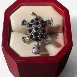 Unbranded silver tone adjustable turtle ring with black rhinestones